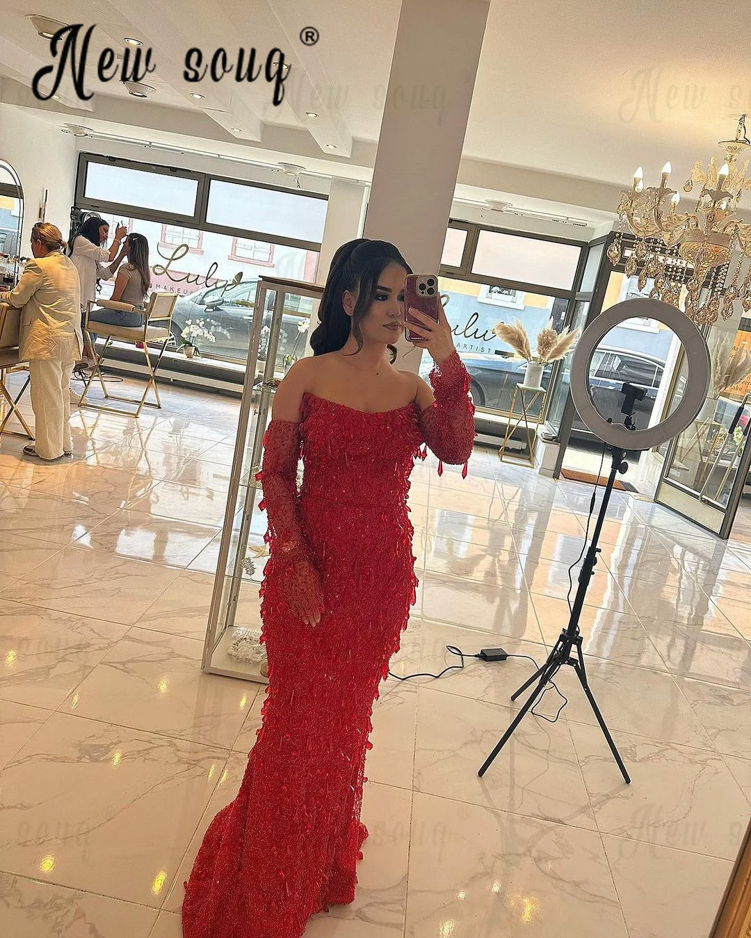 Boat Neck Red Long Party Dress Arabic Women Wedding Night Prom Gowns Stones Covered Bride Formal Gowns Long Sleeves Custom Made