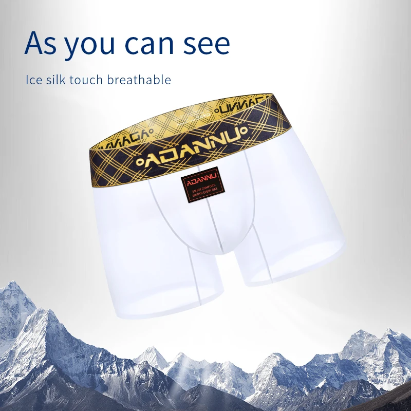 Men Summer Ice Silk Boxers Ultra Thin Transparent Mesh Underwear Gold Thread Embroidery Waistband Quick Drying Underpants