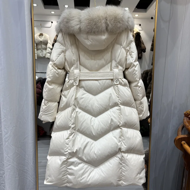 เสื้อแจ็คเก็ตขนเป็ดสำหรับผู้หญิง ฤดูหนาว ขนฟ็อกซ์แท้ ปกคอถอดได้ พร้อมเข็มขัด ขนเป็ดสีขาว เสื้อโค้ทยาว สไตล์ลำลอง สวยสง่า