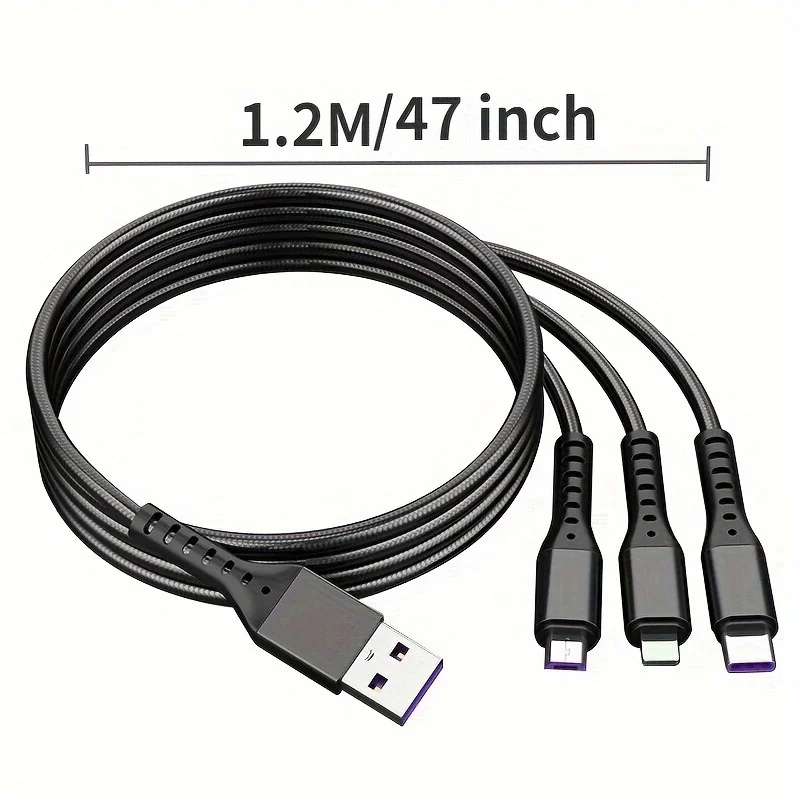 3 In 1 Cables ,Phone Charger Cord A/C To Phone +Type C+Micro Nylon Braided Sync Adapter For Phone , 3D Alloy +TPE Connector