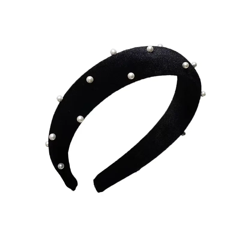 Women Black Velvet Simulated-pearl Hairband Wide Brim Puffy Headband Fashion Elegant Headwrap Hair Hoop Girls Hair Accessories