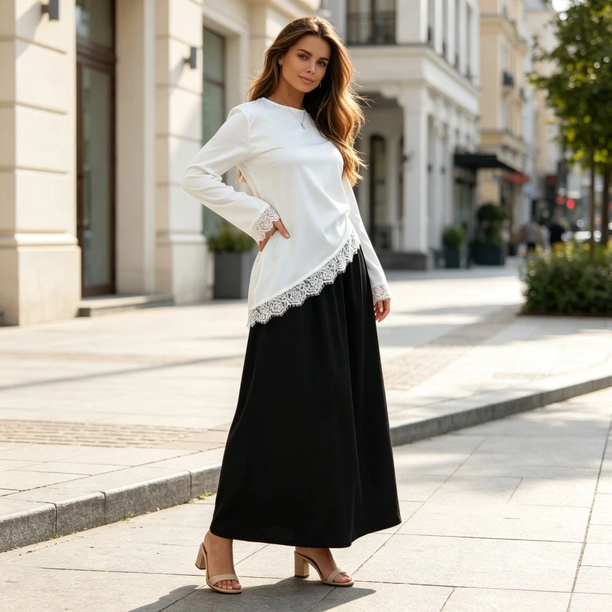 Women Lace Top Skirt Suit Eid 2 Piece Set Ramadan Ensemble Muslim Arabic Outfits 2026 Morocco Dubai Islam Modest Blouse Skirts