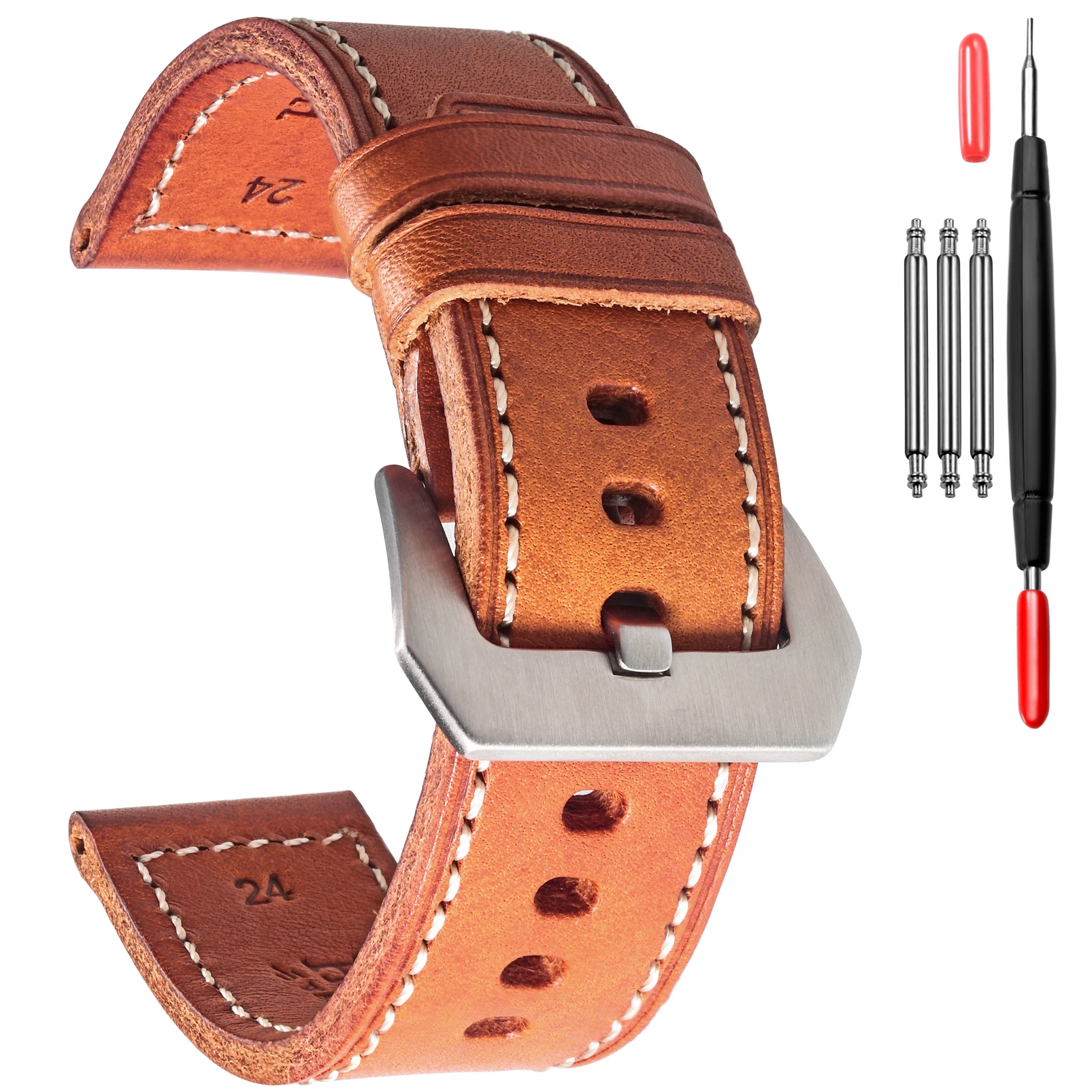 Hemsut Leather Watch Bands Orange Handmade Thick Leather Straps for PANERAI  20mm 22mm 24mm 26mm