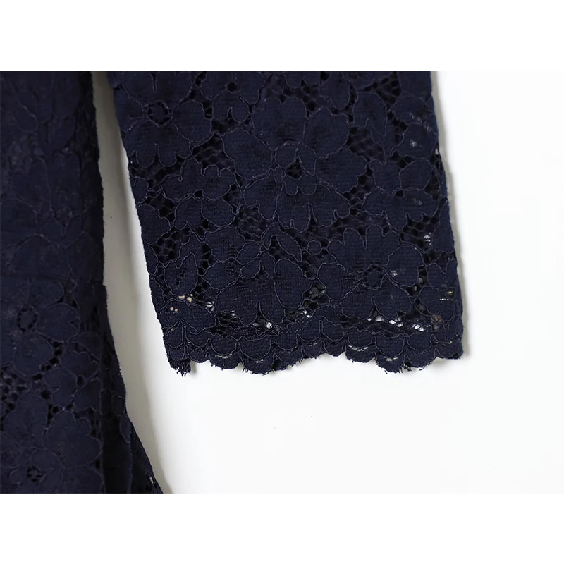 YENKYE Mini vestido de encaje azul marino para mujer, manga larga, cuello redondo, dobladillo con volantes, Vestidos de calle alta para primavera y otoño, Vestidos femeninos