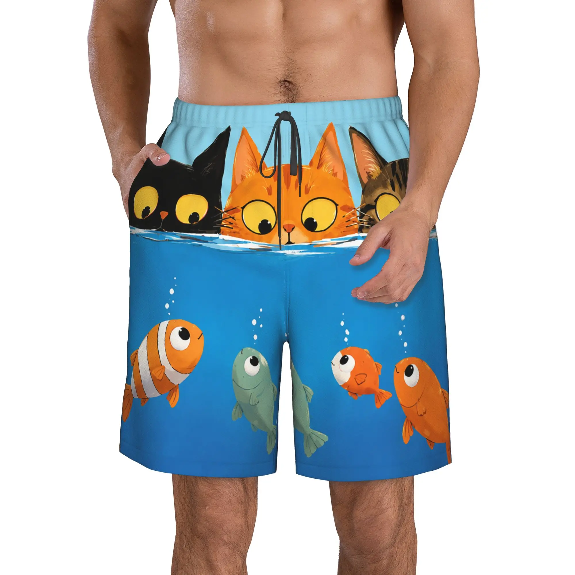 Black Cat Peeking Into Water Staring at Swimming Small Fish Trunks Beach Board Shorts Casual Quick Dry Swim Summer Men Pants