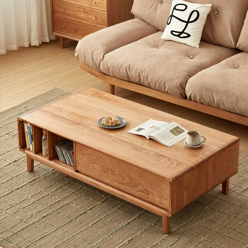 Solid wood cherry wood log color household living room small apartment TV cabinet coffee table combination