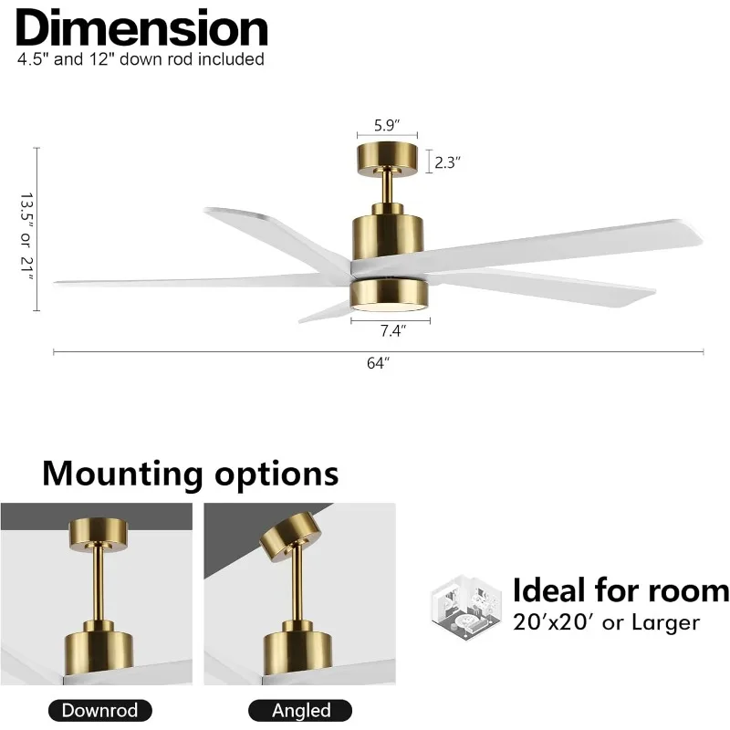 Ventilador de teto DC WINGBO de 64 polegadas com luzes e controle remoto, 5 lâminas de madeira esculpida reversíveis, motor DC silencioso de 6 velocidades