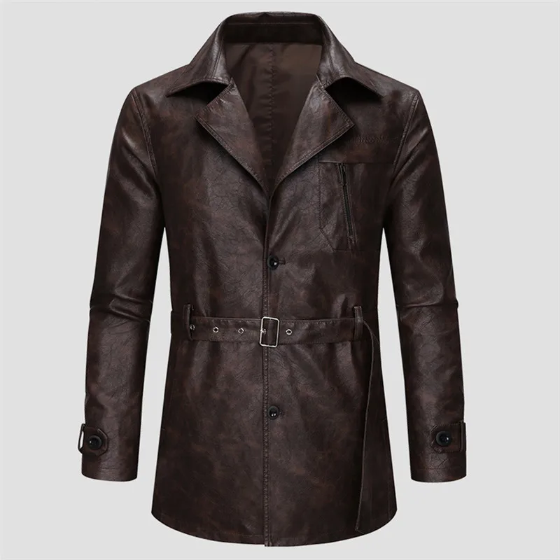 New Men's Long Faux Leather Trench Korean Style Turn Down Collar Casual PU Leather Jackets Male Chic Vintage Casual Belt Outwear