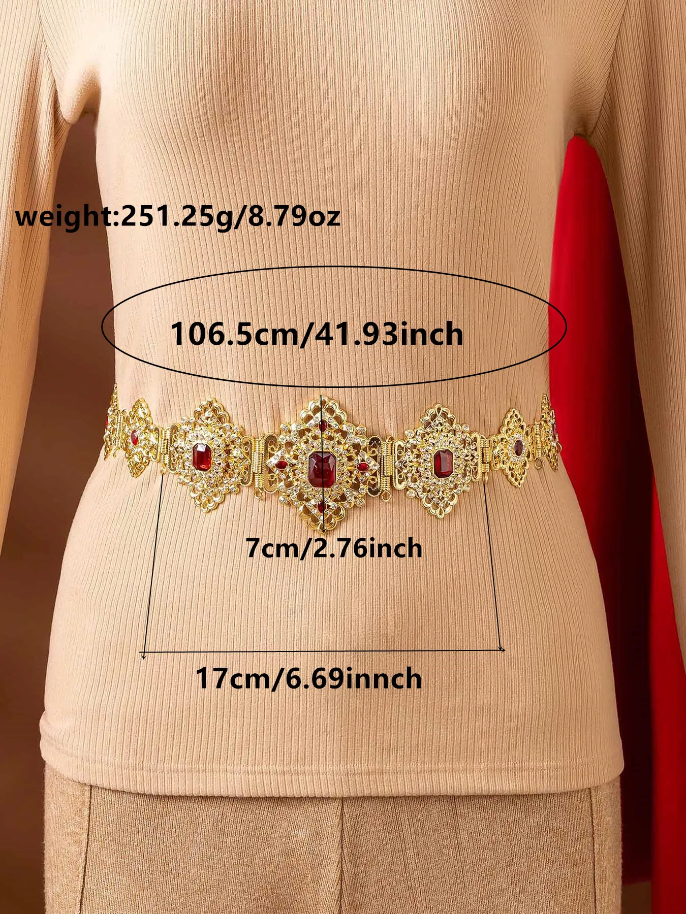 Luxury Gold Plated Belt with Hollow Carved Synthetic Gem Design Arab Bride Waist Chain Jewelry Accessory