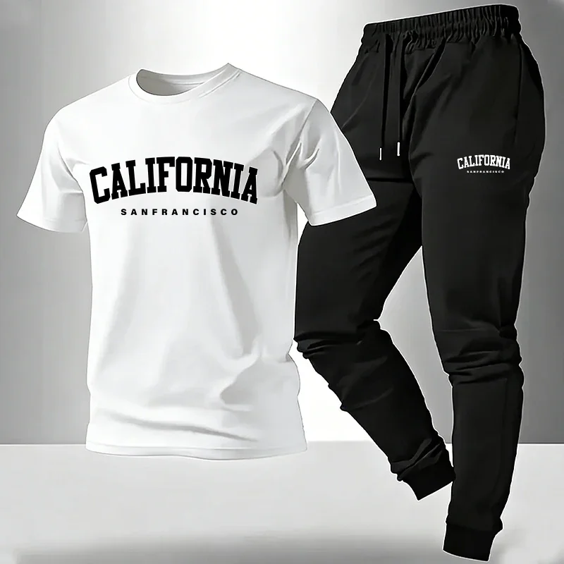 

Summer Men Daily Casual Fashion Short Sleeve Outfit Cotton Tees Top California Printed T-shirt and Sweatpants 2026 Men's Clothes