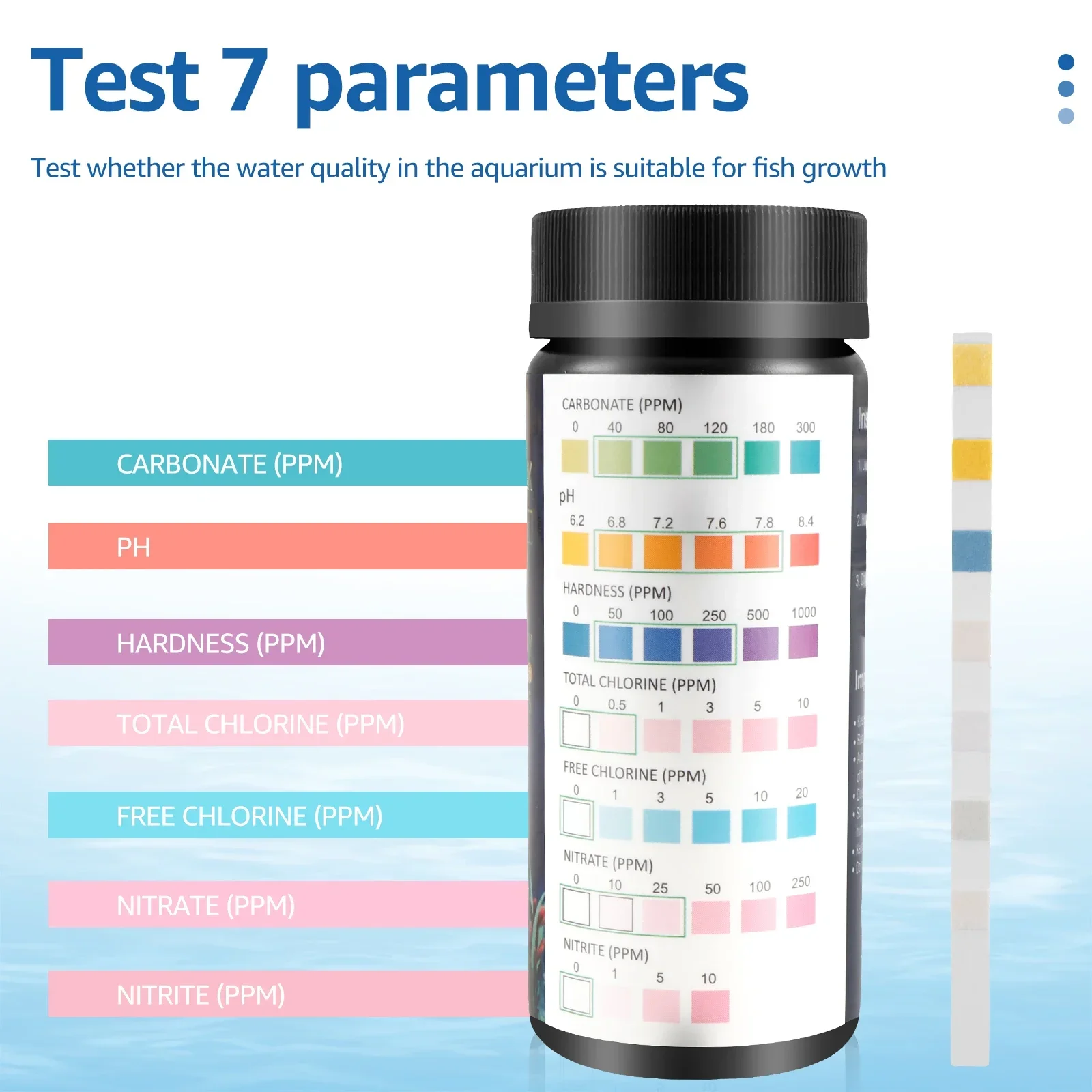 100Pcs Aquarium Test Strips 7-in-1 Fish Tank Test Kit with Test Tube Fast Accurate Aquarium pH Hardness Water Testing Strips