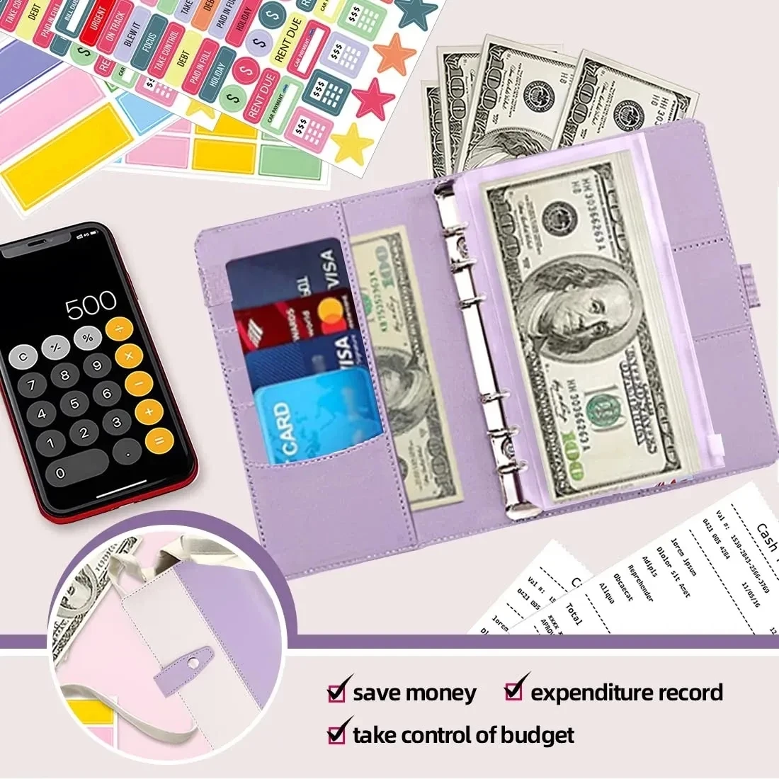 A6 Binder Budget Planner Notebook Covers Folder A6 Size 6 Hole Binder Pockets Plastic Binder Zipper money saving envelope