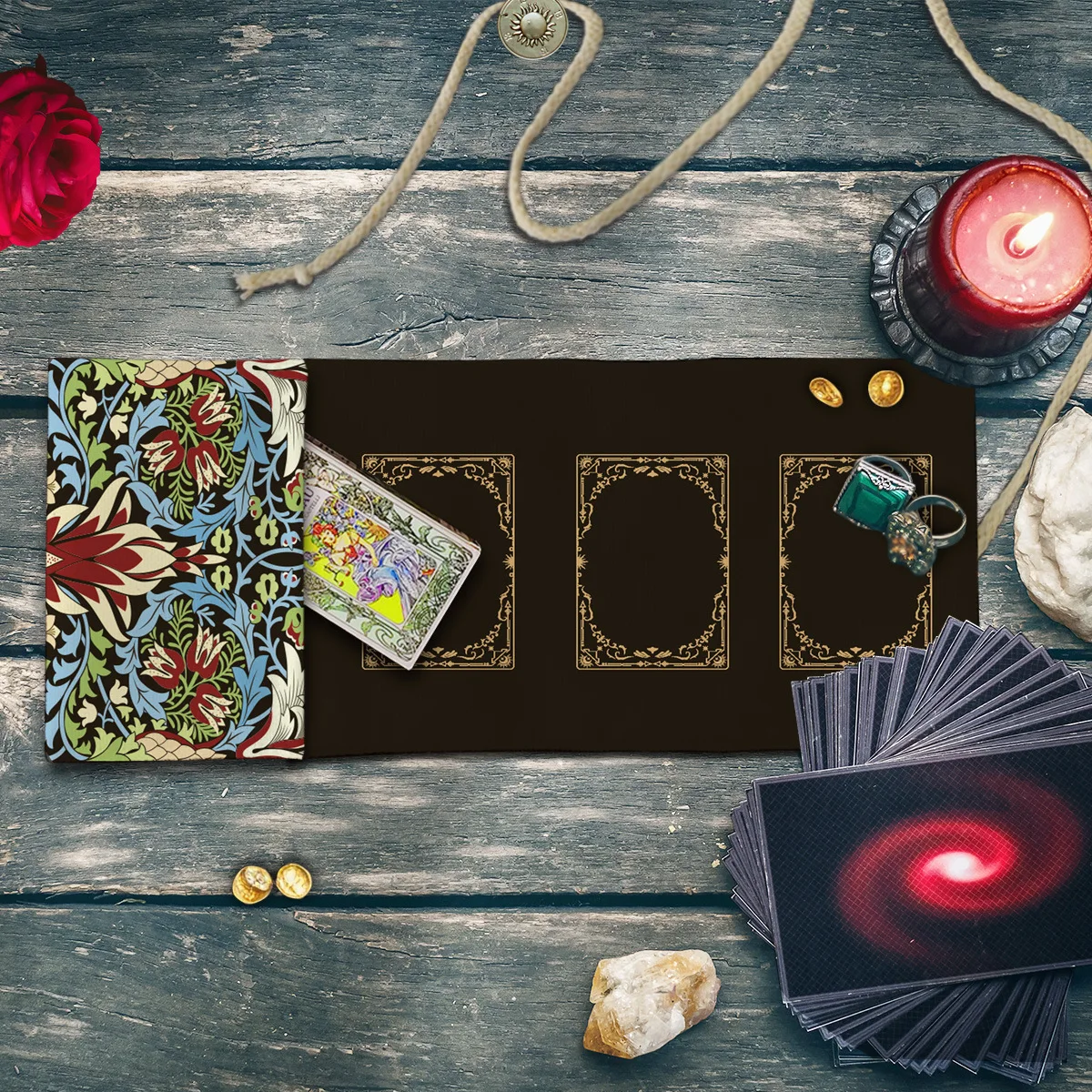 Vintage Floral Tarot Roll Wrap Pouch Tarot Card Storage Bag Golden Card Positions Witchy Divination Supply for Tarot Readers