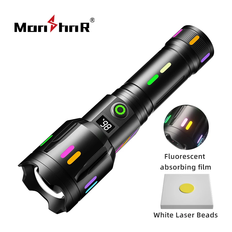 MONHNR LED Rechargeable Battery Display Flashlight Fluorescent Absorbing Film Luminous Colorful Zoom Tactical Flashlight Camping