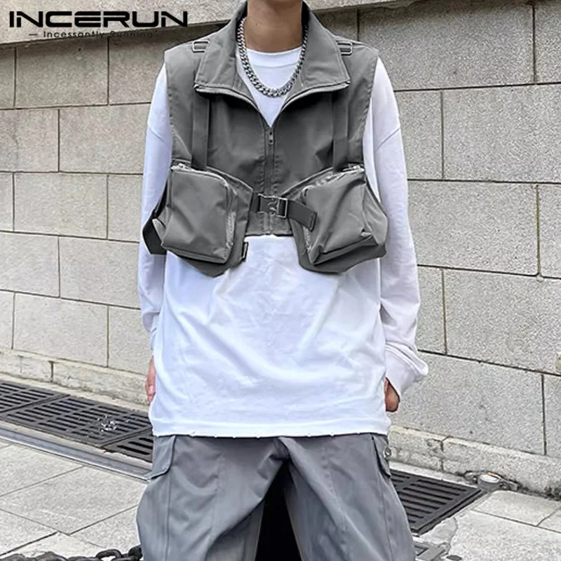 

INCERUN Men Vests Solid Color Lapel Sleeveless Pockets Casual Male Waistcoats Streetwear Zipper 2024 Fashion Crop Vests S-5XL