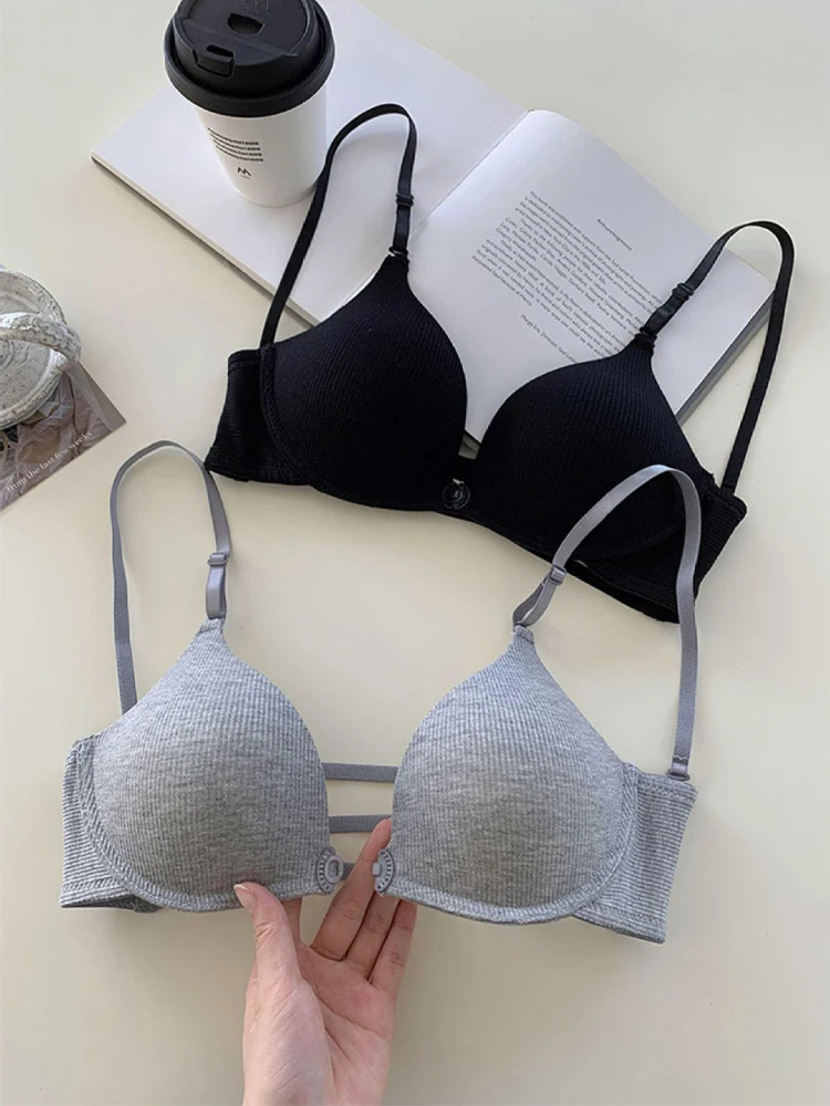 Damen Push-Up-BHs mit Vorderverschluss, sexy gerippter einfarbiger BH, französische atmungsaktive Bralette für kleine Brüste, rückenfreie Unterwäsche