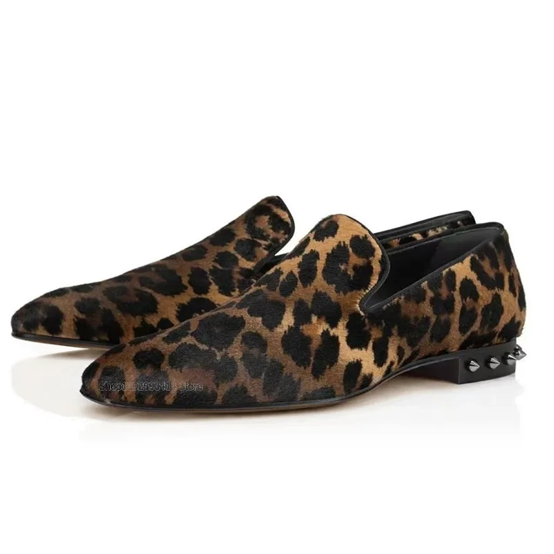 Mocassins com estampa de leopardo artesanal masculino, sapatos confortáveis, moda casual, romance, festa, banquete, decoração de rebites, moda casual