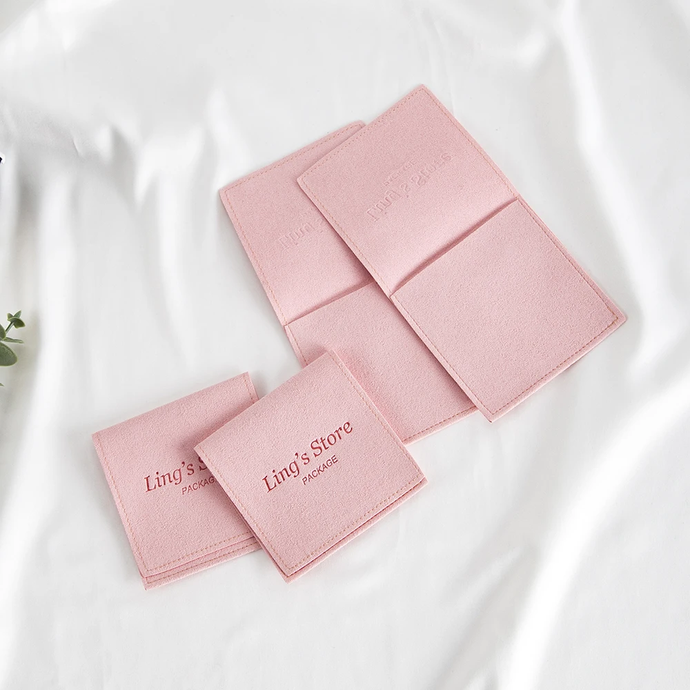 

50pcs Custom Logo Pink Jewelry Packaging Bag Microfiber Suede Velvet Pocket Earrings Rings Studs Pendant Bracelet Storage Pouch