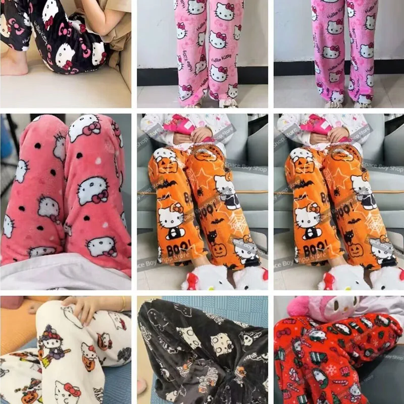 

Sanrio Hello Kitty Flannel Pajamas Halloween Christmas Women's Warm Woolen Cartoon Casual Home Pants Autumn Winter Fashion Trous