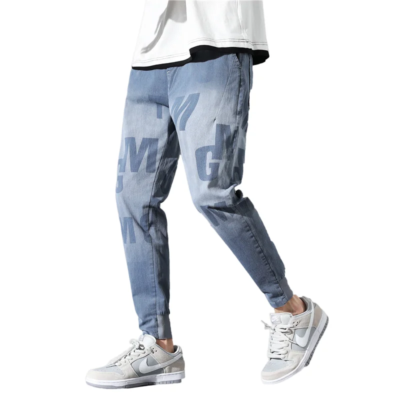 Casual 2024 Spring Autumn Men's Cotton Jeans Letters Slim Harem Denim Pants Streetwear Straight Drawstring Elastic Waist Trouser