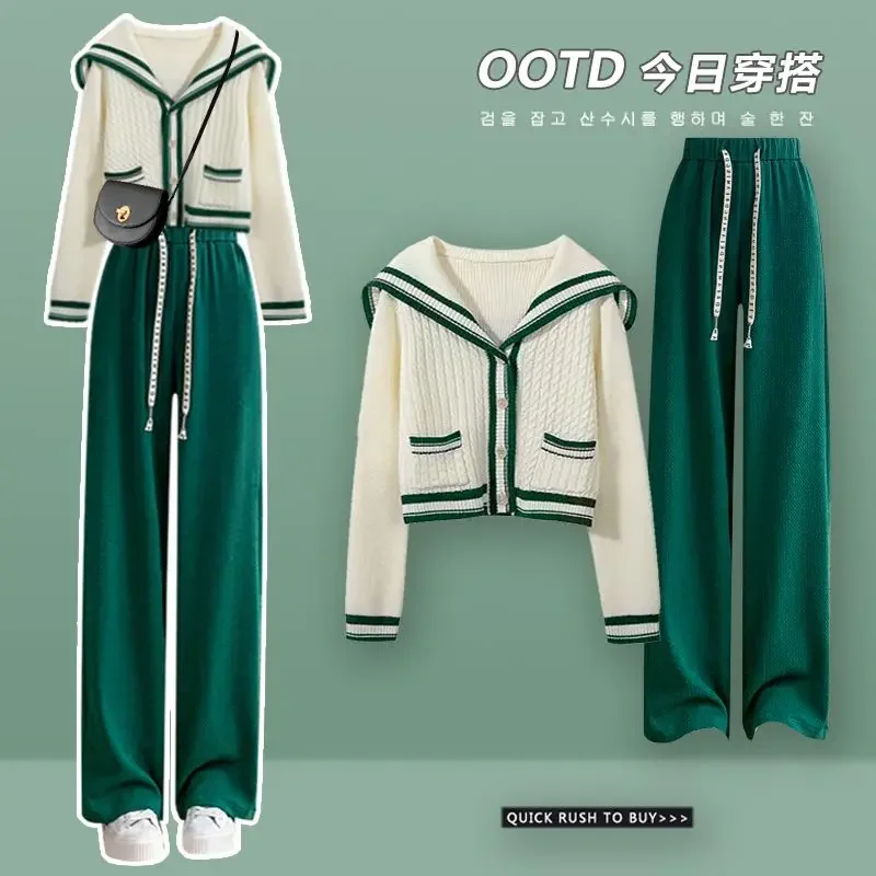 Knitted Spring Preppy Style Sailor Neck Women's Knitted Cardigan Elastic Wide Leg Pants Long Sleeve Korean Sportswear Set