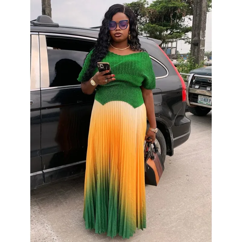 

Plus Size Gradient Long Pleated Half Skirt Top 2 Piece Set 2025 Dubai Luxury Miyake Pleated Casual Style Women's Prom Dress Code
