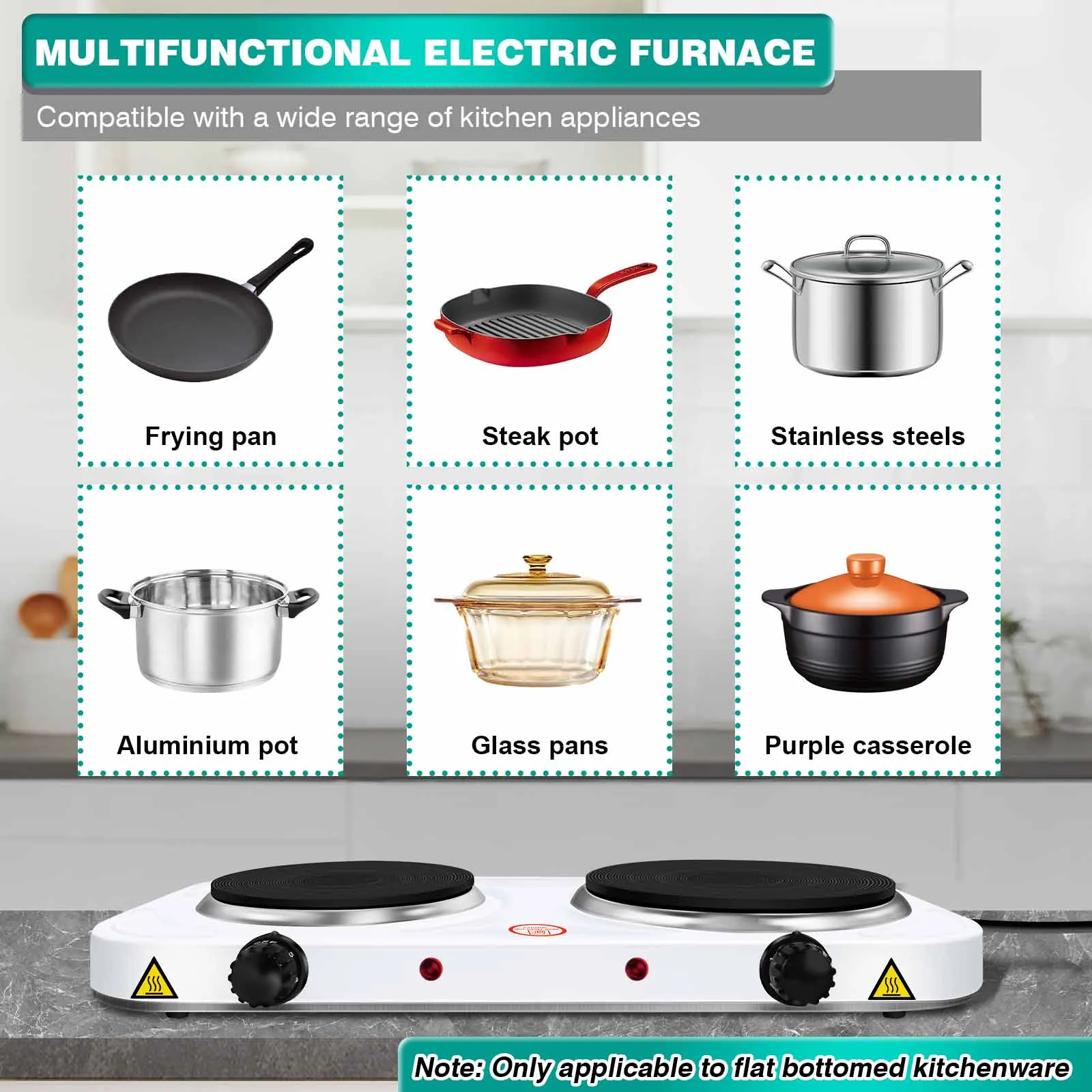 موقد كهربائي سلكي 1500 وات، لوح تسخين مزدوج، موقد كهربائي بحلقتين مع إعدادات حرارة متغيرة، طباخ كهربائي على سطح الطاولة، مخيم