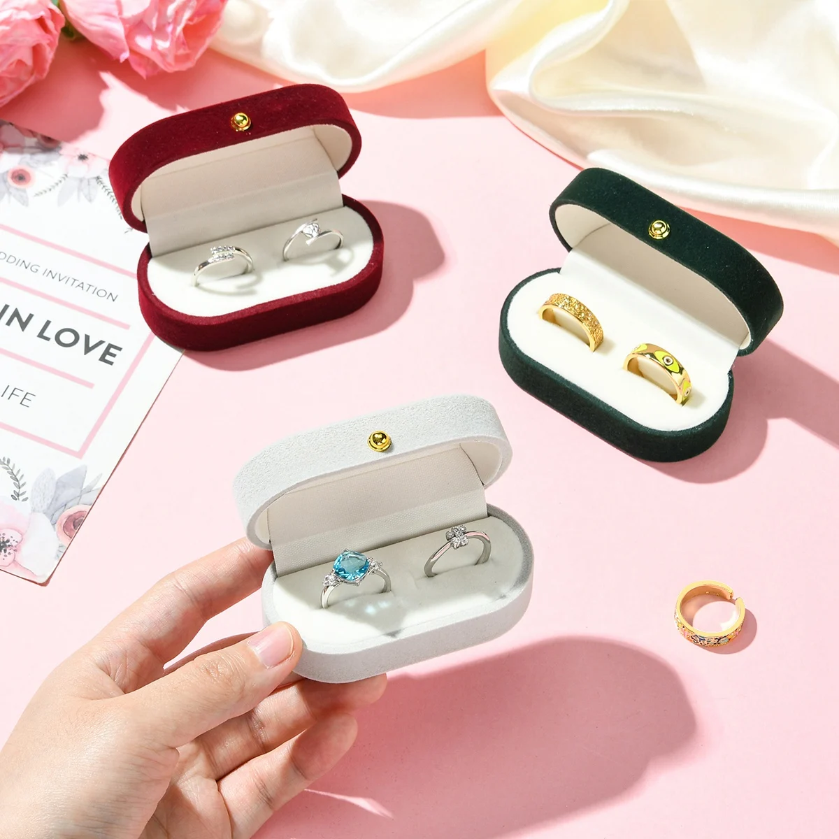 1 Buah Kotak Cincin Pasangan Beludru Persegi Panjang untuk Penyimpanan Perhiasan, Organizer, Display, Kemasan Hadiah