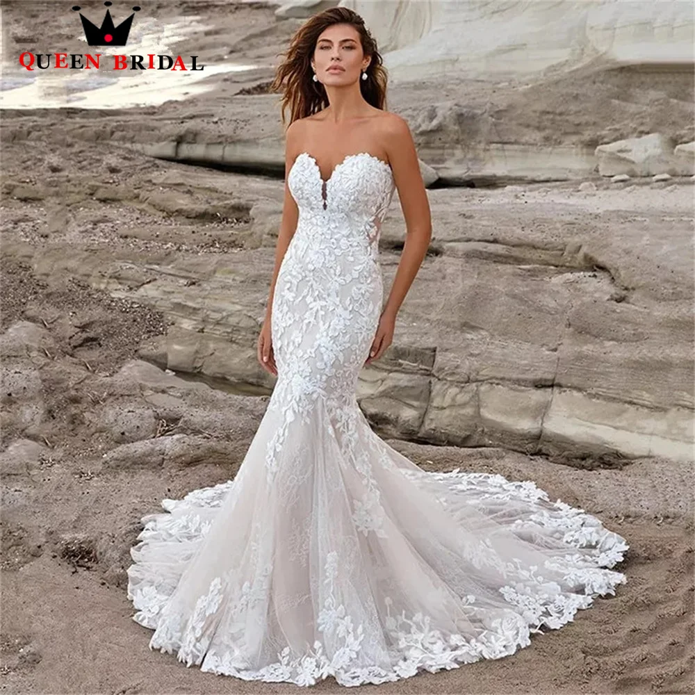 Sexy Wedding Dress Mermaid Strapless Tulle Lace Appliques Flowers 2023 New Design Bridal Gowns Custom Size MK04M