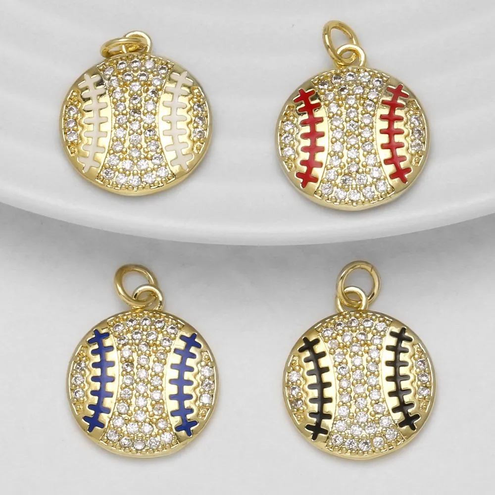 OCESRIO Enamel Baseball Pendants Gold Plated Copper Crystal Sports Charms for Necklaces Jewelry Making Supplies DIY pdtc018