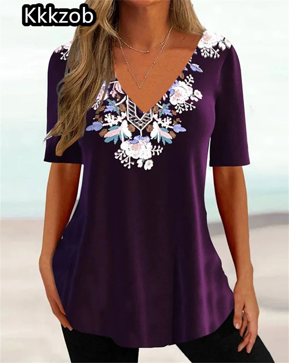 2025 Fashion Flowers Print T-Shirt Women\'s Short Sleeve Tops Casual V-Neck Tee Summer Female Streetwear Oversized Women Pullover