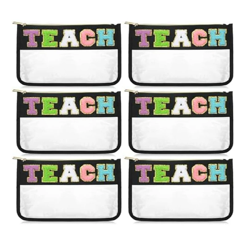 

6 Pcs Chenille Letter Bag Bulk Teacher Appreciation Gifts Preppy Patch Makeup Bag Flat Clear Pouch Teacher Must Haves