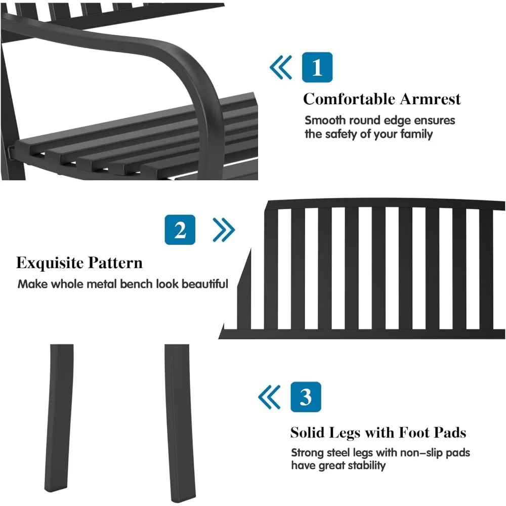 50'' Outdoor Bench Weatherproof, Cast Iron All Metal Frame Garden Bench, Anti-Rust Patio Park Bench Clearance for Front Porch,