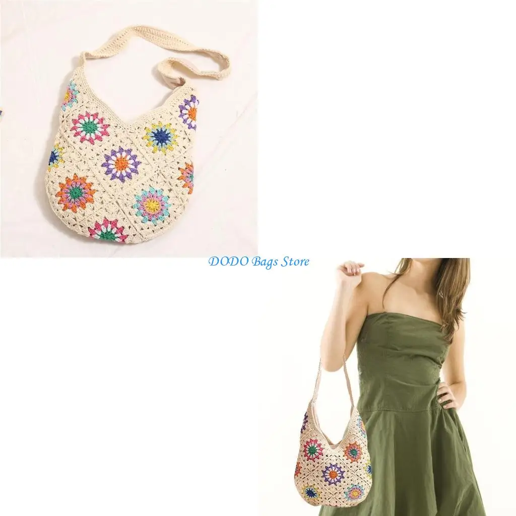 

Women Knitted Crossbody Bag Beach Bag Fashionable Shoulder Bag Crochet Vacation Bag Colorful Flowers Handbag Purse
