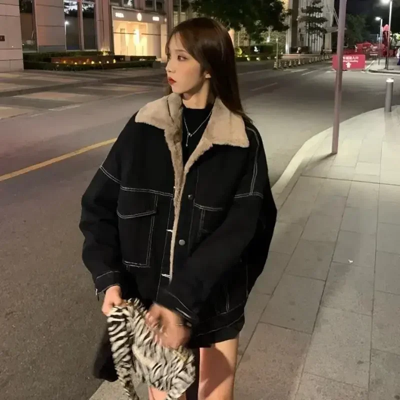 New Korean Fashion Winter Women Coat Warm 2023 Lapel Denim Thick Jacket Casual Work Clothes Cotton Padded Jackets for Women Tops