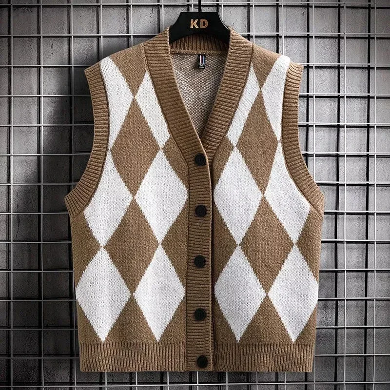 

Man Clothes Vest Sleeveless Argyle Waistcoat Knitted Sweaters for Men Blue Plaid Y2k Vintage Long Sleeve 100% Sheap Sweat-shirt