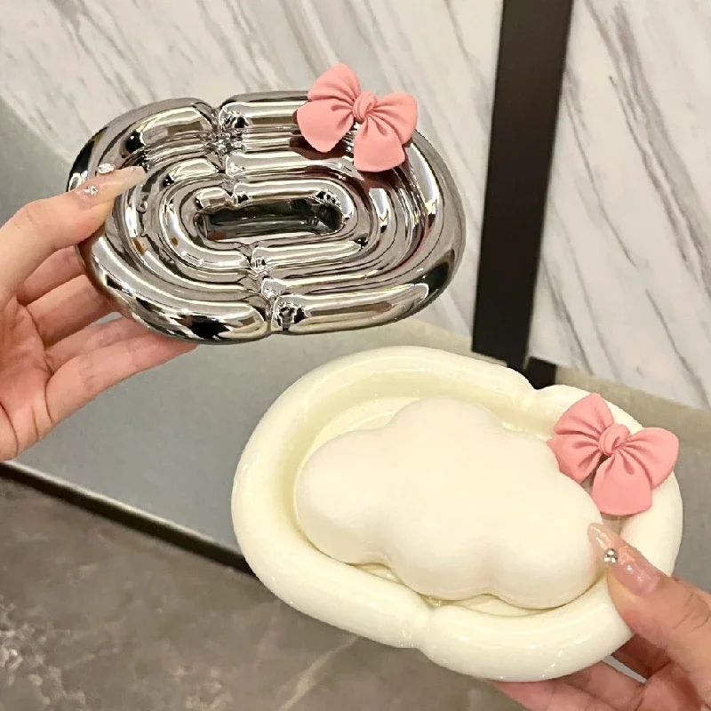 Bow Ceramic Soap Box Elliptical Drain Soap Box Creative Household Soap Dish Rack Storage Box Bathroom Decoration Accessories