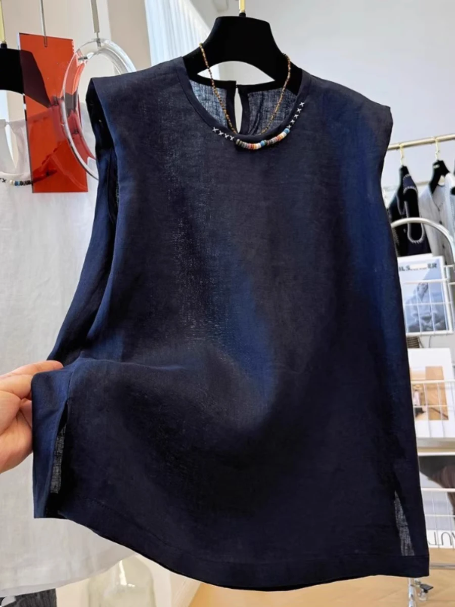 Ele Retro Linnen Vest Dames Zomer Los Casual Geborduurd Ronde Ne Katoen Linnen Svel Kleine Irt Top