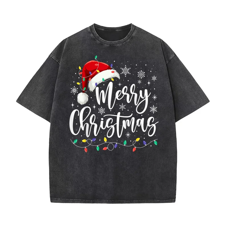 

Merry Christmas Lights Red Santa Hat Xmas Family Men Women T-shirt Men's Tee Shirt Short Sleeve Male Clothes Fashion