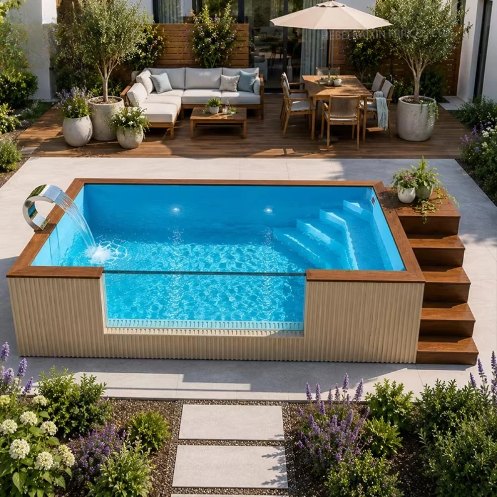 Luxury Villa House Family Glass Window Wpc Plattom  Spa Rectangular Fiberglass Swimming Pool Above Ground Container Pool