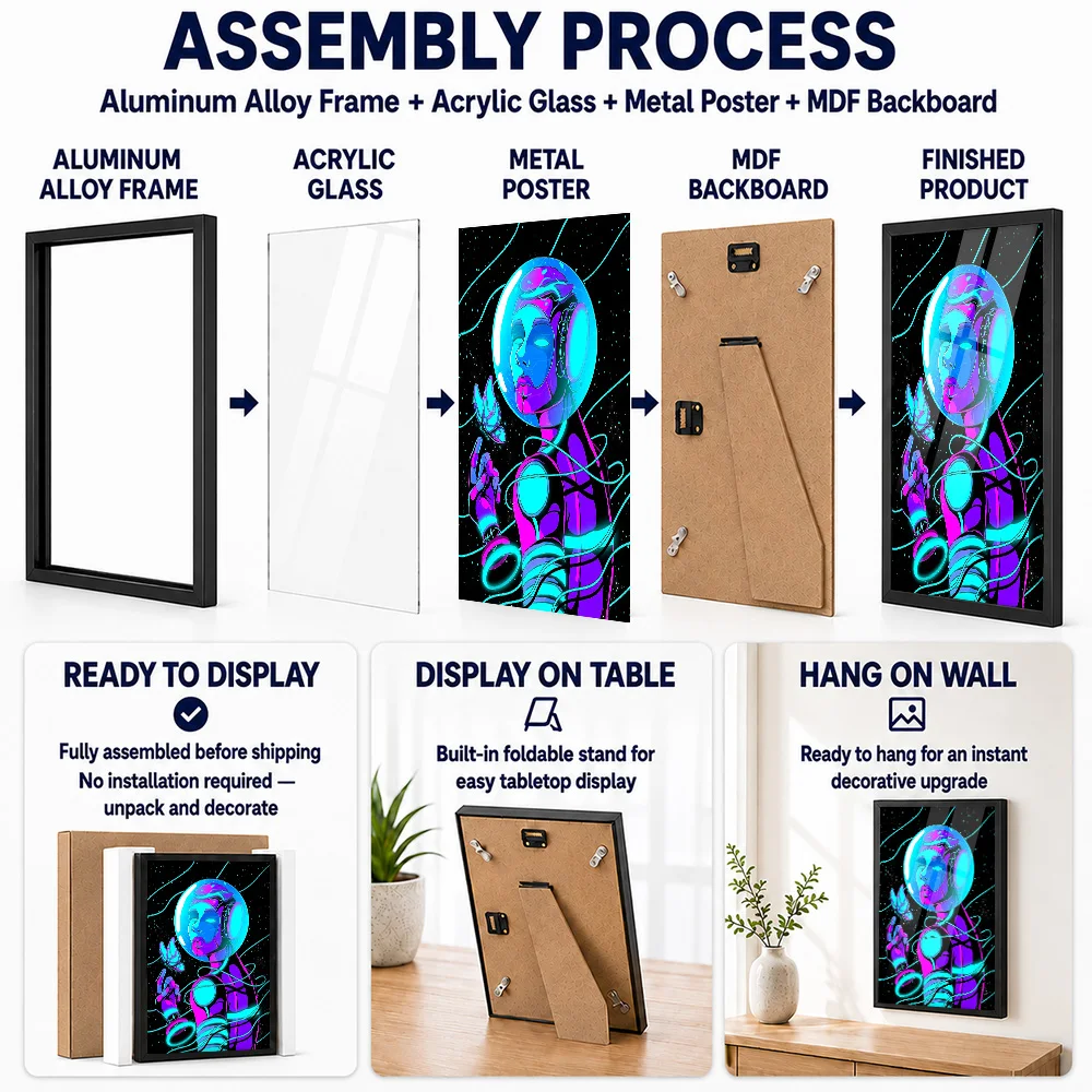 Neon Space Astronaut Android Framed Metal Poster Personalized Photo Vibrant Nebula Style Wall Art For Game Room Stargazer Gift