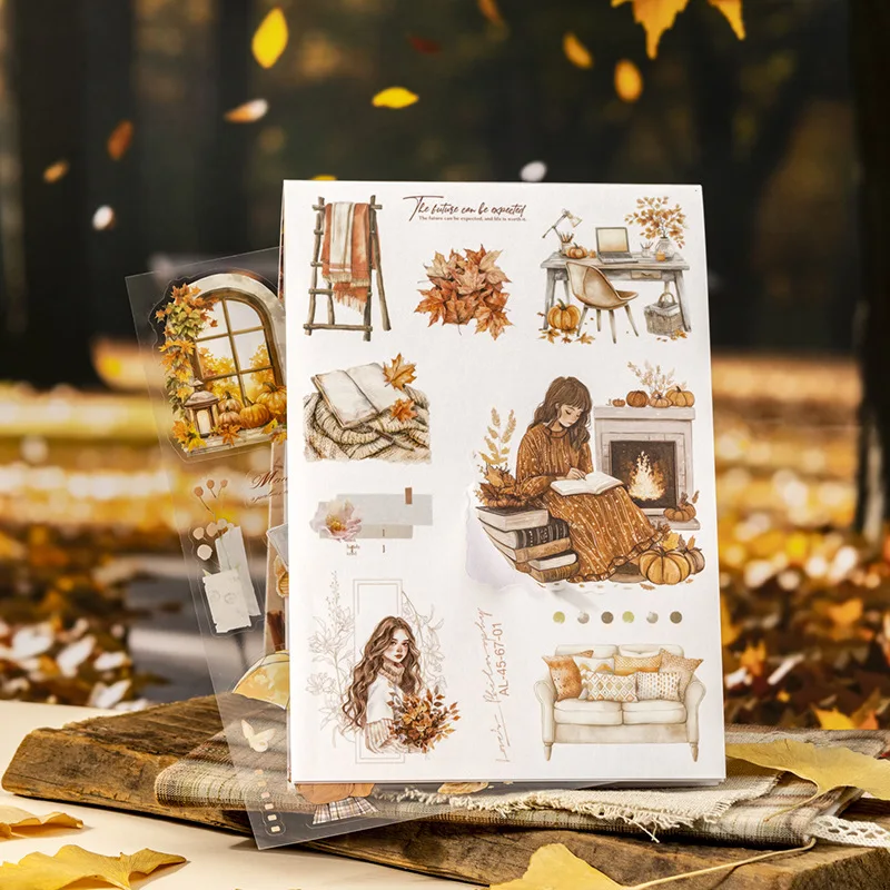 20-Sheet Vintage Autumn Sticker Book, Retro Fall Theme, Ideal for Journal Decoration and Scrapbooking