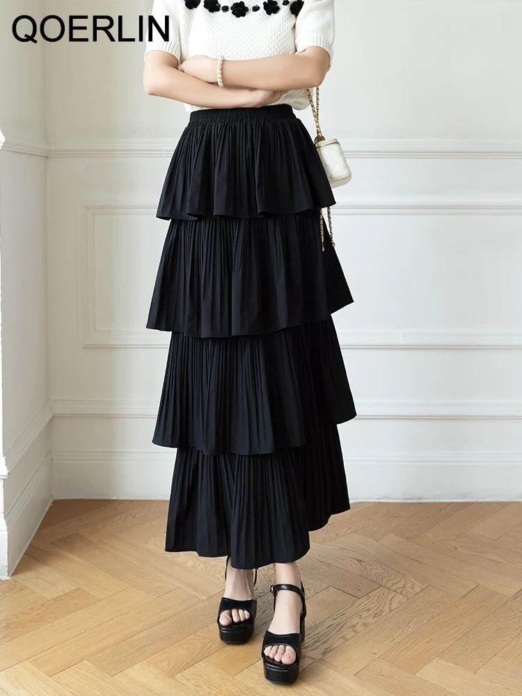 QOERLIN Ruffles Layers Skirts Summer New Women Loose Casual Pleated Long Skirts Black White Elastic High Waist Skirt Fashion