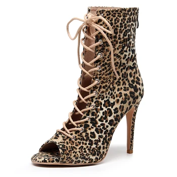 여자 라틴 볼룸 레오파드 프린트 모던 댄스 슈즈 스웨이드 고무 단독 재즈 살사 쿠바 슬림 힐 여성용 오픈 토우 앵클 부츠