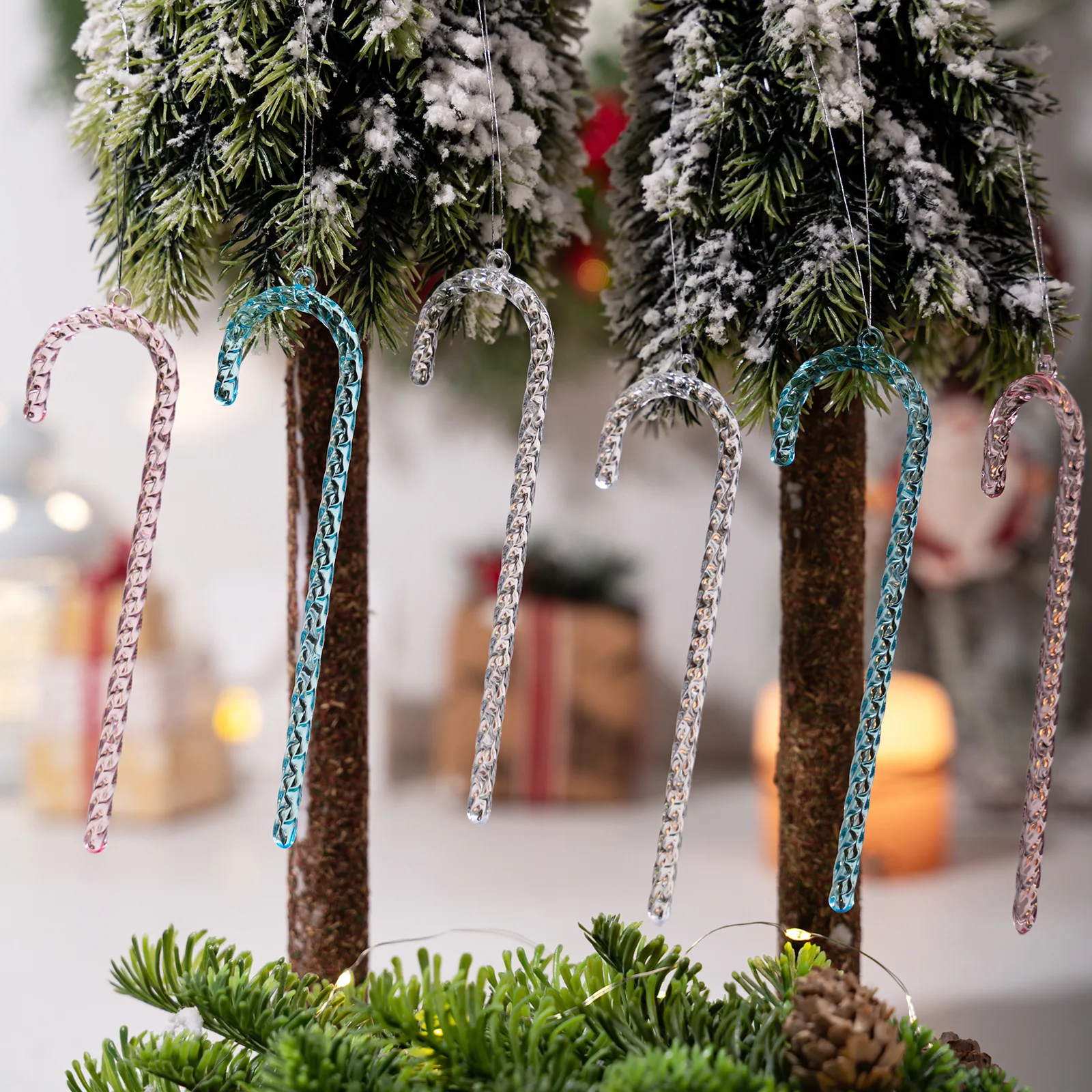 6 Pcs Christmas Tree Decorations Crystal Acrylic Transparent Crutch Pendant Ornaments for DIY Crafts Holiday Wreath Garland
