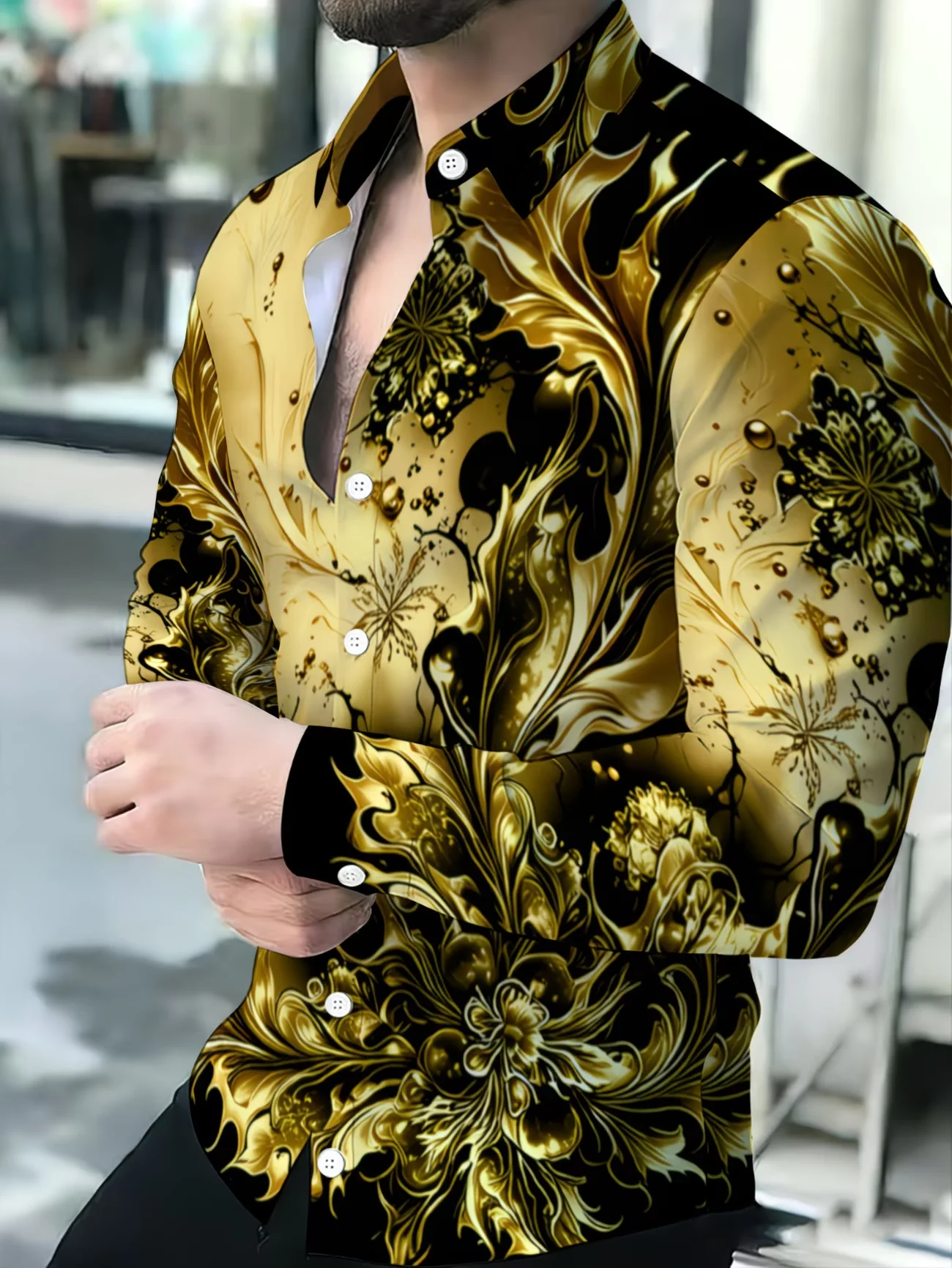 New men's fashionable luxury long sleeved shirt with high-definition 3D printed shirt and bamboo pattern top