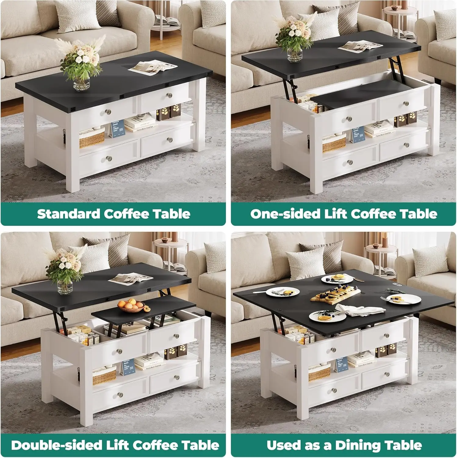Multi-Functional Lift Top Coffee Table - Convertible to Dining Table, with Drawers & Hidden Storage for Living Room/Home Office