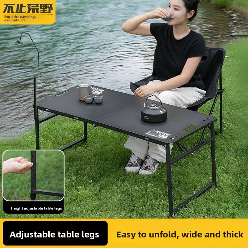 Outdoor Hydraulic Folding Table Four Pole Camping Table with Pull Rod Portable Small Tea Table Half Automatic Height Adjustment
