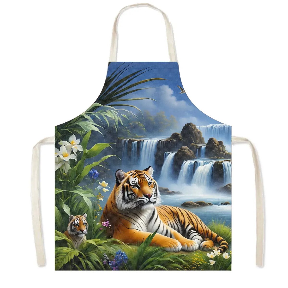 3Dプリント油絵ホワイトタイガーキッチンエプロン女性男性ベーキングホームクリーニング衣類ツールシェフウェイタークッキングピナフォアギフト