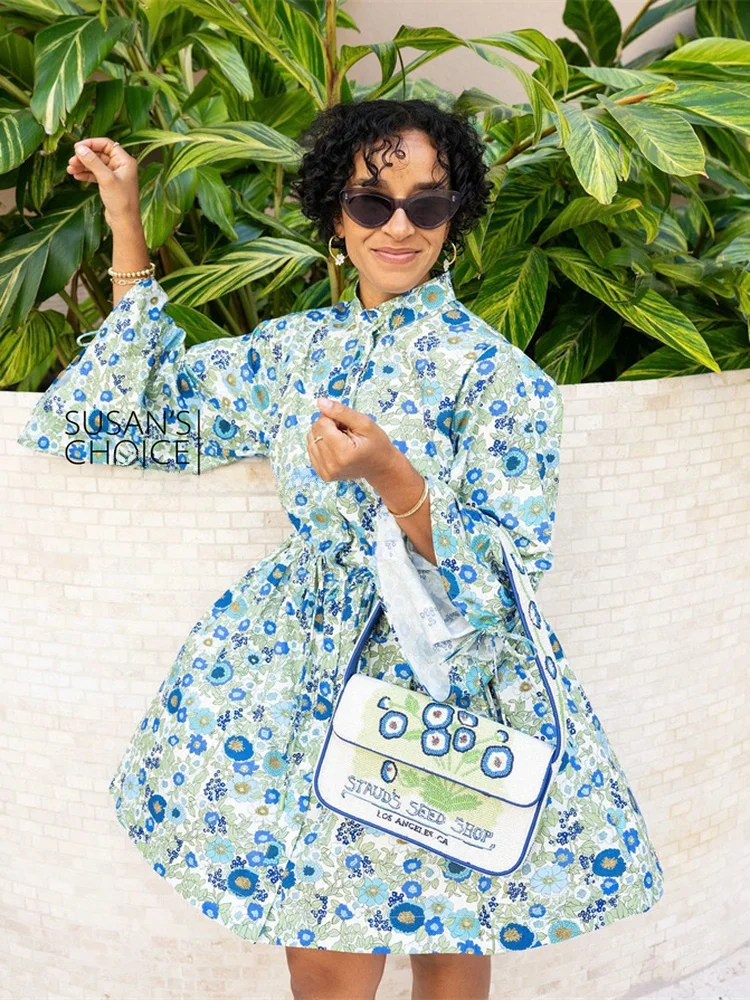 فستان سوزان القطني العضوي بطبعة زهور مع رباط خصر قصير باللون الأزرق لفصل الربيع والصيف، فستان نسائي بأسلوب أنيق على شكل خط A.